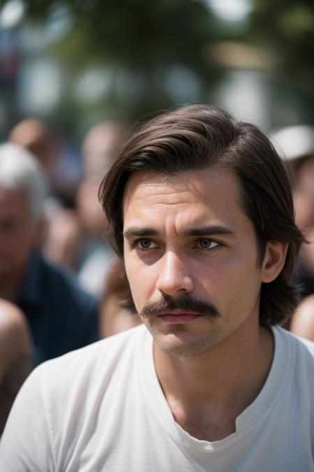 vignette,highly detailed,high budget,bokeh,cinemascope,epic,gorgeous,film grain,grainy,solo,in summer,solo_focus,front view,depth of field,wallpaper,photo_(medium),depth_of_field,viewfinder,A man with a funny mustache faces the audience with his head bowed in slight sadnessï¼