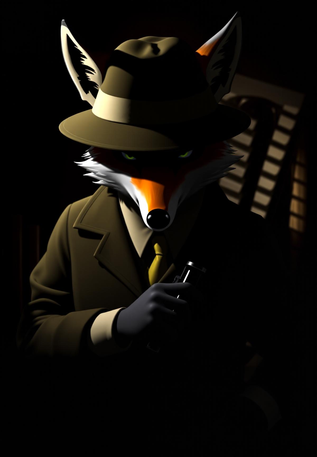 Anthropomorphic fox detective in 1940s film noir setting. Dimly lit office, venetian blind shadows. Detailed fur textures, period-appropriate clothing and props. Moody lighting, focus on expressive eyes. Noir color palette with selective color pops.