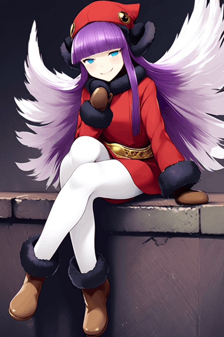 Muu Shuwuu, purple hair, white hair, two-tone hair, hair wings, blunt bangs, long hair, brown mittens, brown boots, white pantyhose, black fur trim, black fur collar, red coat, gold belt, blue eyes, red hat, long sleeves, smile, half-closed eyes