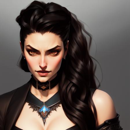 waist up portrait of beautiful  Curvy-hourglass Proud castlevania vampire woman with Black Sleek ponytail hairstyle wearing  Demi-bra , art by RFKTR_doom, high quality, trending on artstation, 4k, 8k, highly detailed, sharp focus