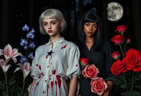 In a moonlit forest clearing, two young women in their early twenties stand in striking contrast. The first girl, with silver-white hair and a ghostly pale complexion, wears a white blouse stained with dark red splatters. Her blouse, which stretches over her prominent bust, accentuates her figure. A simple black five-pointed star on her chest is highlighted by her faintly glowing crimson eyes, adding an eerie calm to her presence.
The second girl contrasts sharply with jet-black hair and deep tan skin. Her dark blouse, also blood-stained, fits snugly around her voluptuous form. Her nearly invisible black star and intense crimson eyes shine with a piercing alertness.
Surrounding them are twelve surreal floral elements. Four towering, ghostly white lilies bloom with an otherworldly glow, their petals reflecting the moonlight. Delicate blue orchids with iridescent undertones stand in stark contrast against the shadows. Bright red roses, their colors intensifying under the moon, add a vibrant yet unsettling touch. Large, dark calla lilies with crimson centers are scattered around, their shapes adding to the surreal atmosphere.
The girls hold a single worn cardboard sign that reads ‘We Come in Peace,’ scrawled in crude black marker. The sign stands out starkly against the dark, eerie forest floor, illuminated by the moonlight, which casts long, shifting shadows and enhances the haunting quality of the scene.