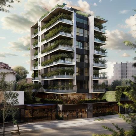 best quality, realistic, photorealistic,ultra detailed,8K,High quality texture,intricate details,detailed texture,finely detailed,photo of building
partial_view,flower pond, tree, no humans, sky, scenery, outdoors, cloud, blue sky, day, palm tree, plant,
 <lora:plants on facad_v1.1-000016:1>