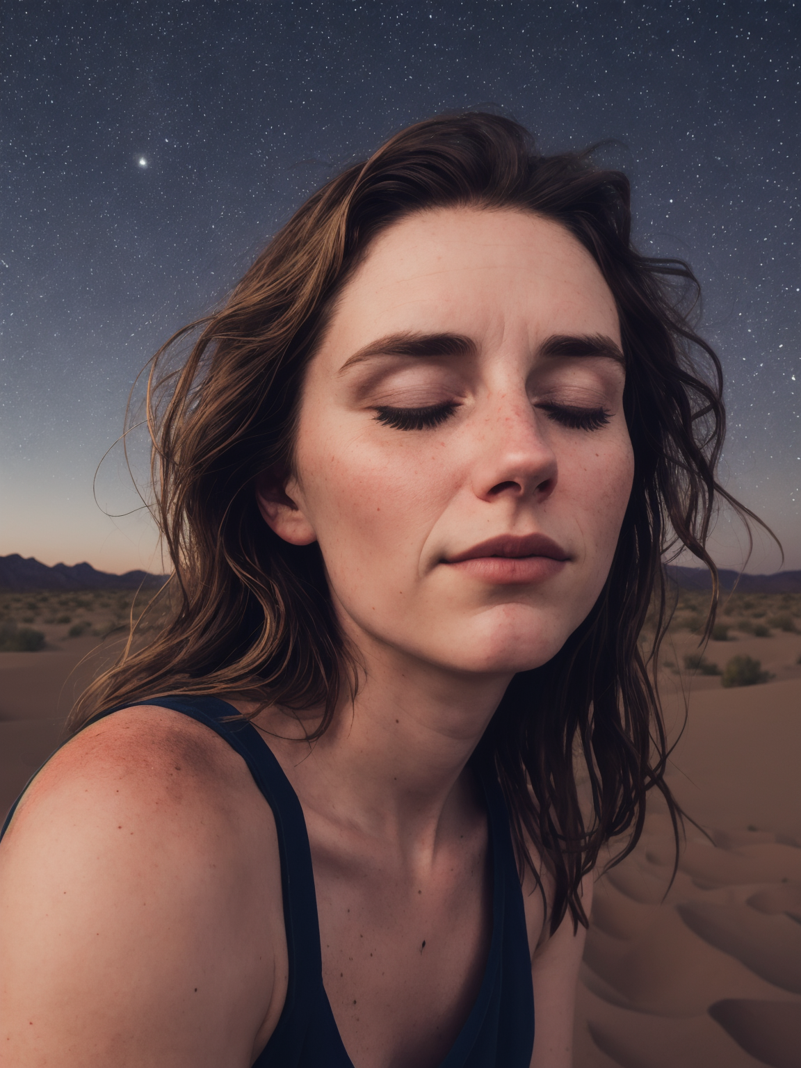 26 year old girl, desert, moon light, starry sky, deep photo, depth of field, Superia 400, shadows, messy hair, perfect fa...