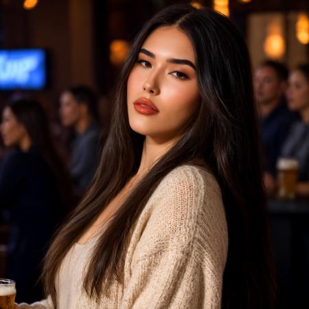 score_9, score_8_up, score_7_up, dynamic angle, beautiful lighting, sharp focus, 8k, high res, Masterpiece, Nikon Z9, beautiful lady, realistic, Madd_Beer, 1girl, plump lips, thick lips, eyelashes, brown eyes, thick eyebrows, black hair, long hair, forehead, in luxurious nightclub, sitting at the bar, (holding a beer), wearing a sweater and jeans, bokeh, hyperdetailed photography, soft light, <lora:XL\KMS_Madison_Beer_XL_r1-000015:0.75>