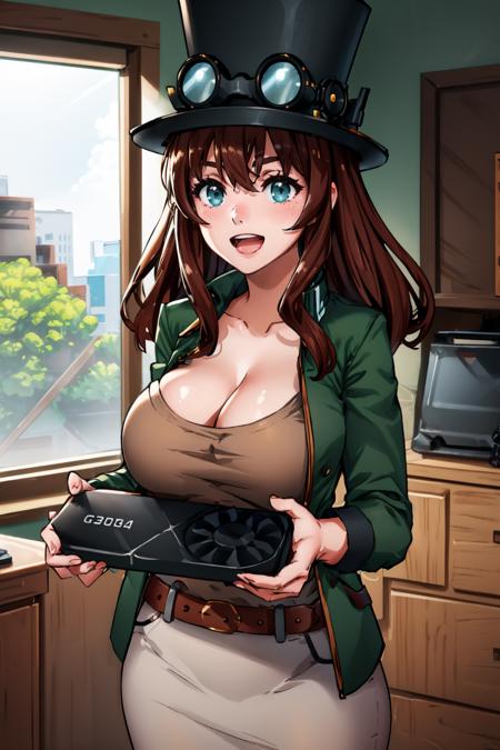 masterpiece, best quality, <lora:steampunker-nvwls-v1-000009:0.9> stpunker, top hat, goggles on headwear, cleavage, green jacket, brown shirt, belt, white skirt <lora:GraphicsCardMeme:1> incrsgc, gc, holding incrsgc, cowboy shot, looking at viewer, indoors, steampunk, :D