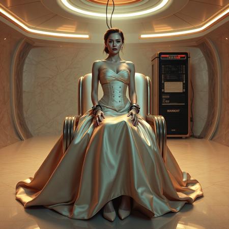 A slender, arrogant  rich norvegian bride, dressed in a luxurious, rich fantasy satin wedding gown with a fitted, boned corset and a full, flared skirt, paired with satin high heels, orgasm face, encased in beam of light from celling. The brainwashing temple electrode,  connected to a  futuristic superconputer rack. Her hands and ankles are bound to a polished steel chair by massive steel restraints, accentuating her ultra-thin waist. she is drugged from standing drop counter with weird medicine. The scene is set in a sterile, empty chamber, with a glossy mother-of-pearl finish, evoking a sense of futuristic dread. Inspired by the cinematic styles of Ridley Scott, Guillermo del Toro, and H.R. Giger, with a blend of sci-fi and horror elements, this full-body portrait is a masterpiece of cinematic storytelling, shot on a virtual v-raptor XL camera, with a warm, film-grained aesthetic, subtle vignette, and rich color grading, reminiscent of 35mm film, with dramatic, atmospheric lighting, inviting the viewer to immerse themselves in this epic, stunning scene.