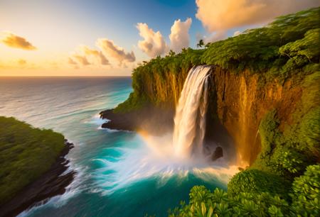 National Geographic nature photoshoot photo, close-up of the waterfall, waterfall cascading down a cliffside on an island paradise in the Caribbean sea,waves crashing below, waterfall plunging into the sea, big sky, landscape photography, expansive, awe-inspiring, breathtaking, vivid colors, golden hour, low-angle shot, very fast shutter speed, <lora:waterfallsXL:0.8>