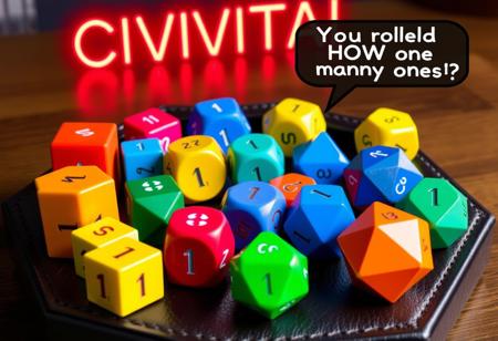 Many colorful polyhedral dice sit on a hexagonal leather dice tray. Cube dice, dodecahedron dice, octahedron dice, icosahedron dice.  All of the dice show the number "1" on their top face.  A neon sign reads "CIVITAI" above. Speech bubble reading "You rolled HOW many ones?"