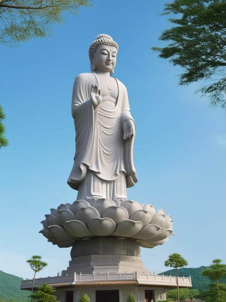 Architectural style <lora:JJsBudha_Statue_XL:1>, (((Budha Statue))),((best quality)),((masterpiece)),((realistic)), photorealistic, sky, standing, statue,soft lighting,solo, day light,lily,,water,flower, outdoor,(chinese buddish temple),tree,bush,lake, fountain, ((best quality)),((masterpiece)),((realistic)), , photorealistic, cenery, real world location, . Clean lines, geometric shapes, minimalist, modern, architectural drawing, highly detailed