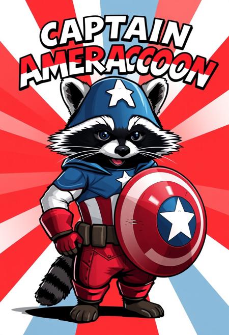 "Captain Ameraccoon stands proudly, wearing a miniature version of Captain America's iconic costume, complete with a red, white, and blue suit, a star-spangled helmet, and a nearly-identical shield. The only difference is that the costume is a bit too big for the raccoon, and the shield is slightly dented and scratched. The raccoon's face is visible beneath the helmet, and its eyes shine with a mischievous glint. The background is a bold, patriotic red, white, and blue, with the title 'Captain Ameraccoon' emblazoned across the top in the iconic Marvel style, complete with a star-spangled banner and a bold, comic book font. Style: humorous, playful, and nostalgic, with a focus on capturing the spirit of the original Captain America costume and the Marvel style, while also incorporating the raccoon's adorable and mischievous personality."