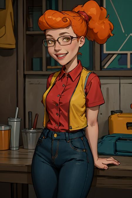 patty, solo, 1girl, glasses, orange hair, ponytail, red shirt,yellow vest, breasts, smile,looking at viewer, smile,arms behind back,pants,  best quality, masterpiece, absurdres,   <lora:pattyp2-000008:0.5>