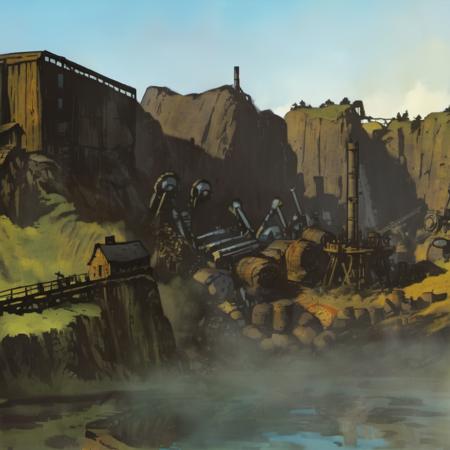 portrait, impressionistic painting by John Longstaff, DarkestDungeon, DDAreaNone, (thatch hut, shipwreck), idol, stone statue, cave, blue sky, sewer grate), wood barrels, metal barrels, wood wheels, waterwheel, windmill, powerlines, power pylons, mountain in the background, (HL2 beta, Half-Life 2 concept art, forest, quarrytown, (reflections in the water, pine trees atop cliff in the background, smokestacks set against the sky, minehead, mining equipment, oil pumps, industrial cooling tank, oil refinery, reactor, technology, furnace, pistons), bright blue summer sky, yellow low-angled early morning sunlight coming through detailed clouds, dark clouds), (extremely dark), masterpiece, best quality, cinematic composition, vibrant, best lighting