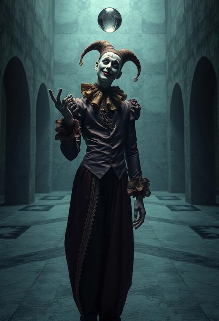 A haunting, cinematic portrait of a jester with elongated limbs standing in a vast, dimly lit chamber of cracked marble and shadowy alcoves. The jester’s form is graceful and unnervingly tall, draped in a costume that merges royal decadence with worn surrealism—deep burgundy silks, gold filigree threads, and translucent panels that catch the sparse, cold light. His head tilts slightly, painted features frozen in a hollow grin. One hand gestures toward a floating glass orb, the other hangs limply at his side. Behind him, a void-like wall suggests endless space, and the soft atmosphere glows with a chilling haze. The image exudes psychological tension and mythic ambiguity, rendered with hyperreal skin textures, meticulously balanced shadows, and surreal compositional framing that isolates the figure in an unsettling moment of timeless introspection.