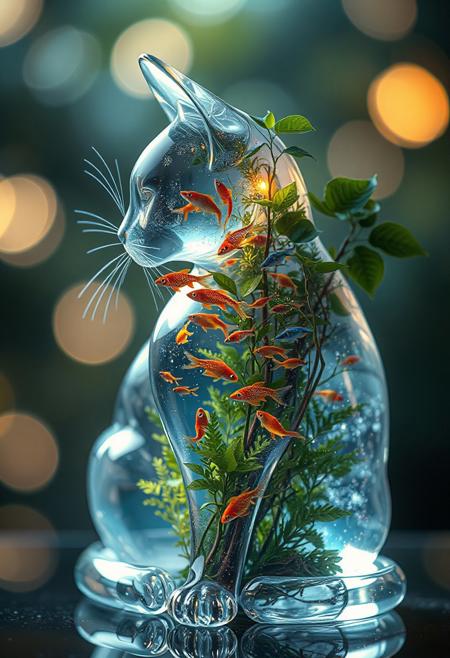 A luminous, transparent glass cat, showcasing an intricate internal ecosystem, featuring miniature colorful fishes  from within, blurring the line between surreal nature and organic growth, set against a dreamy bokeh background that evokes an ethereal atmosphere, with a focus on a portrait profile, adorned with lush green foliage, symbolizing biodiversity and the inner world, rendered in stunning 3D digital art with photorealistic textures, highlighting the intricate details of the figure's skin, and surroundings, all presented in high-resolution with an emphasis on capturing the subtle play of light and abstract big particle effect on her fragile, crystalline form. the cat is sitting