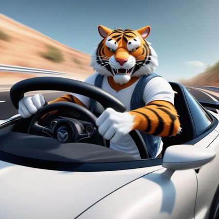 an anthropomorphic tiger driving a supercar on a highway, dressed in casual attire with jeans and a white shirt,  deviantart, digital art, hyper - realistic vfx render, thief, concept art illustration, disney concept art, cel illustration, funny illustration, waldo