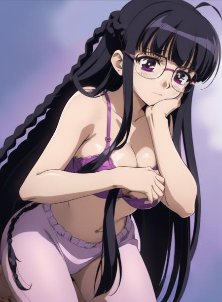 <lora:KyokoYa-002:0.8>,(bar background:1.2),(Full-coverage bra:1.2, (Kneeling with both hands on thighs :1), 1girl, solo, long hair, glasses, braid, purple eyes, twin braids, bangs, blunt bangs, black hair, large breast, (sorry face), detailed background, finely detailed