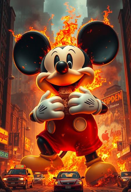 An epic move still, highly detailed, Giant Mickey Mouse destroying the city, breathing fire, crushing cars, eating people, gleeful, happy, evil, pure evil
