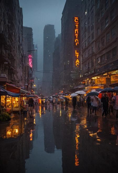 zzCitronCAT, twilight, city street, lot of people, neon signs, heavy rain, umbrellas, reflections, skyscrapers, exotic architecture, street vendors