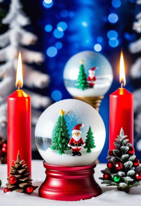 three Christmas candles with snowy fir trees painted on top, in the background a crystal ball with a Christmas elf