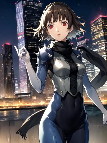 masterpiece, best quality, 1girl, solo, dsqueen, brown hair, short hair, crown braid, red eyes, bodysuit, shoulder spikes, scarf, white gloves, standing, city, city lights, skyscraper, night, detailed background, cowboy shot
 <lora:dsmakoto-v2:1> <lyco:p5-anime_style_lc:0.75>