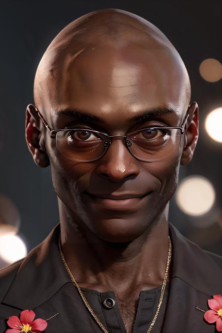 photo of Lance Reddick LReddick with glasses, action, dynamic pose, man, suit with red flower pattern, black eyes, bald, (masterpiece:1.2), best quality, high quality, (absurdres:1.2), realistic, UHD, ultrarealistic, 50mm <lora:LanceReddick-01:1.0><lora:3DMM_V11:0.8> 3dmm style, 8K, (masterpiece*high detailed*highres), sharp focus, Natural volumetric lights, soft lighting, (smiling:1.2), looking_at_viewer, symmetric_eyes, detailed_eyes, outdoor,