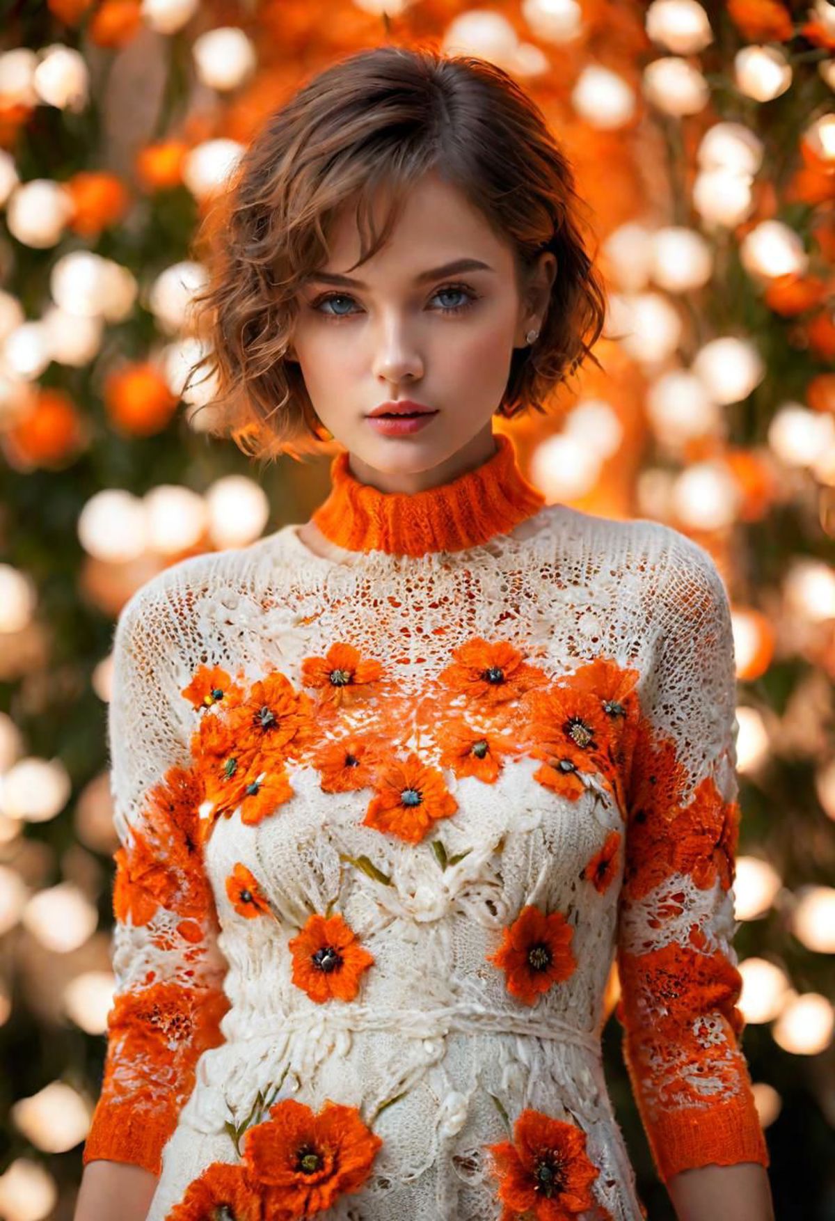 A young woman wearing a lace top with orange flowers and a knit sweater poses for a close-up shot.