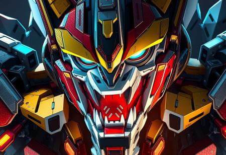 Create a high-definition, hyper-realistic artwork of a robot mecha fused with Optimus Prime, incorporating elements of Ainz Ooal Gown and Bixbite. The artwork should be inspired by the styles of Gu An, Xenogears, and various artists (WLOP, Ilya Kuvshinov, Katsuhiro, Villeneuve, Artgerm, Jeremy Lipkin, Michael Garmash, Rob Rey, Tristan Eaton, Stanley Artgerm, Tom Bagshaw, Greg Rutkowski, Carne Griffiths). Ensure the artwork features a close-up of the robot's sharp, fox-like teeth and a colorful, muscular design. Apply the golden ratio and incorporate intricate complexity, as seen in 8K, high-resolution concept art from arcade games, anime key visuals, and digital art. Trending on Artstation, the artwork should be a masterpiece of science fiction and fantasy.