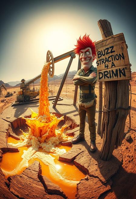 “A massive industrial oil extraction pump working tirelessly in a rugged desert landscape. Instead of crude oil, golden frothy beer erupts from the pierced ground, splashing chaotically under the scorching sun. Foamy rivers of beer flow through the cracked earth, reflecting warm amber hues. Nearby, Sideshow Bob, wearing a rugged oil worker’s suit, stands with a smug expression, arms crossed as he watches the beer gushing. His wild red hair contrasts against the industrial scene. A weathered, rotten wooden sign leans precariously near the pump, with faded, barely legible text: ‘BEERSTRACTION PUMP’ and ‘BUZZ 4 A DRINK’ scrawled in messy, dripping paint. The shot is taken with an extreme 12mm fisheye cinema lens, creating a dramatic, distorted perspective—curved horizon, exaggerated depth, and an immersive wide-angle view. Ultra-detailed, hyperreal textures with a painterly touch, deep contrast, and dynamic lighting.”