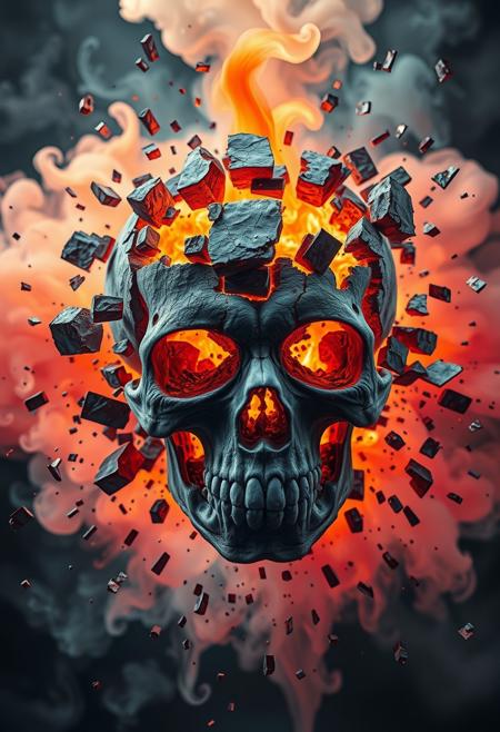 detailed shattered Skull exploding into millions of pieces from the inside into multi-colored smoke, high quality, 4K, hyper realistic