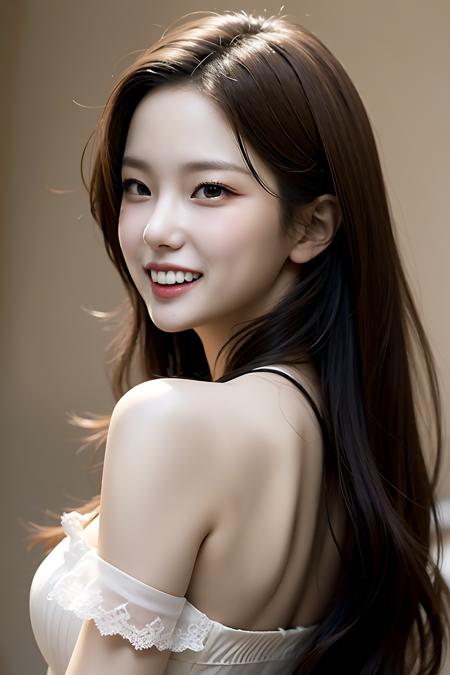 Best quality, masterpiece, ultra high res, (photorealistic:1.4), 1girl, solo, looking at viewer, long hair, smile, realistic, brown hair, portrait, teeth, simple background, lips, mole, brown eyes, looking back, black eyes, signature, bare shoulders, forehead, grin