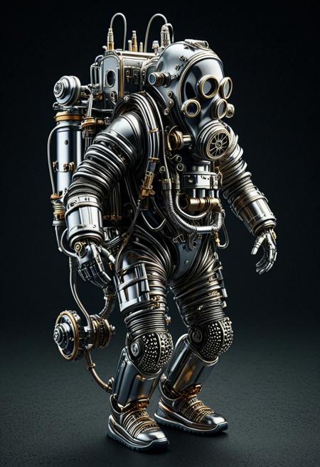 8k, Tilt shift photography style, mechanical sea anemone, walking, gas mask, silver armor, mechanical back pack, shilver circuits, propeller on body, walking on the sea bottom, simple dark background, minimalist, extremely detailed, qu4ntum