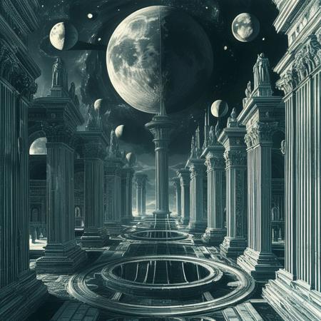 score_9, score_8_up, score_7_up, designed by Andrea Palladio, Sci-fi metropolis, busy streets, alien world, multiple moons, concept art, detailed, masterpiece