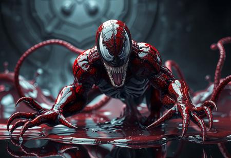 "8K UE5/Octane render of 'Mimighoul Slime Venom'—a crimson symbiote with black/white spider-patterned chest and razor-toothed mask. Dynamic attack pose with outstretched tendrils, set against a 'Metal Reflect Slime' backdrop. Hyper-detailed nanite textures, Houdini FX liquid motion, and ray-traced reflections on slime surface. Post-processed with Kodak grain and Grammer Effect neon glow. Tags: #Venom #Symbiote #MarvelArt."