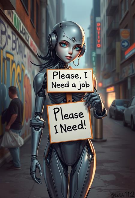 Medium shot digital illustration, (Realistic robot girl holding sign:1.3), Symmetrical composition, Chrome body, Intricate mechanical joints, (Text on sign "Please, I Need a Job":1.2), Vulnerable expression, Urban backdrop, Graffitied walls, Busy street, (Dramatic shadows:1.2), Soft glows, Contrasting color highlights, Future city atmosphere.