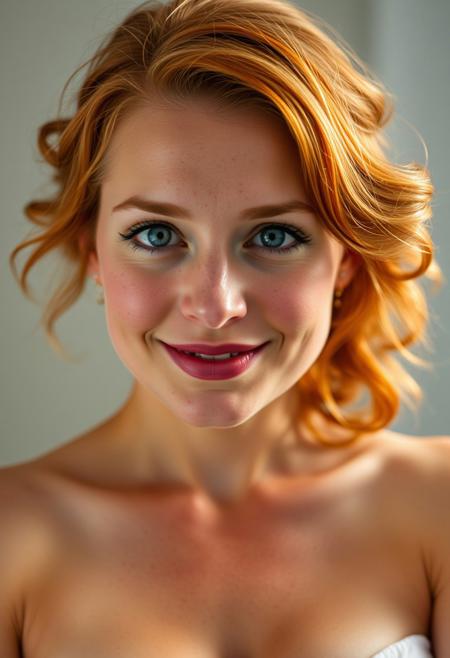 Beautiful woman, Petite, curvaceous figure, freckled skin, round-shaped face, large pale blue eyes, slightly upturned nose, warm smile, full lips, well-defined cheekbones, coppery red hair in soft waves
deep cleavage,
Full lips,