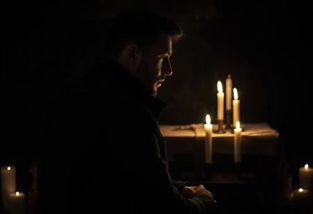 professional photo, side view photo of Caucasian man in kneeling in front of an altar with 3 lit candles on it, wearing a dark blue parka, serious face, contemplative expression, dark features, dramatic shadows, very dark and underexposed, face lit only by candles, all else dark