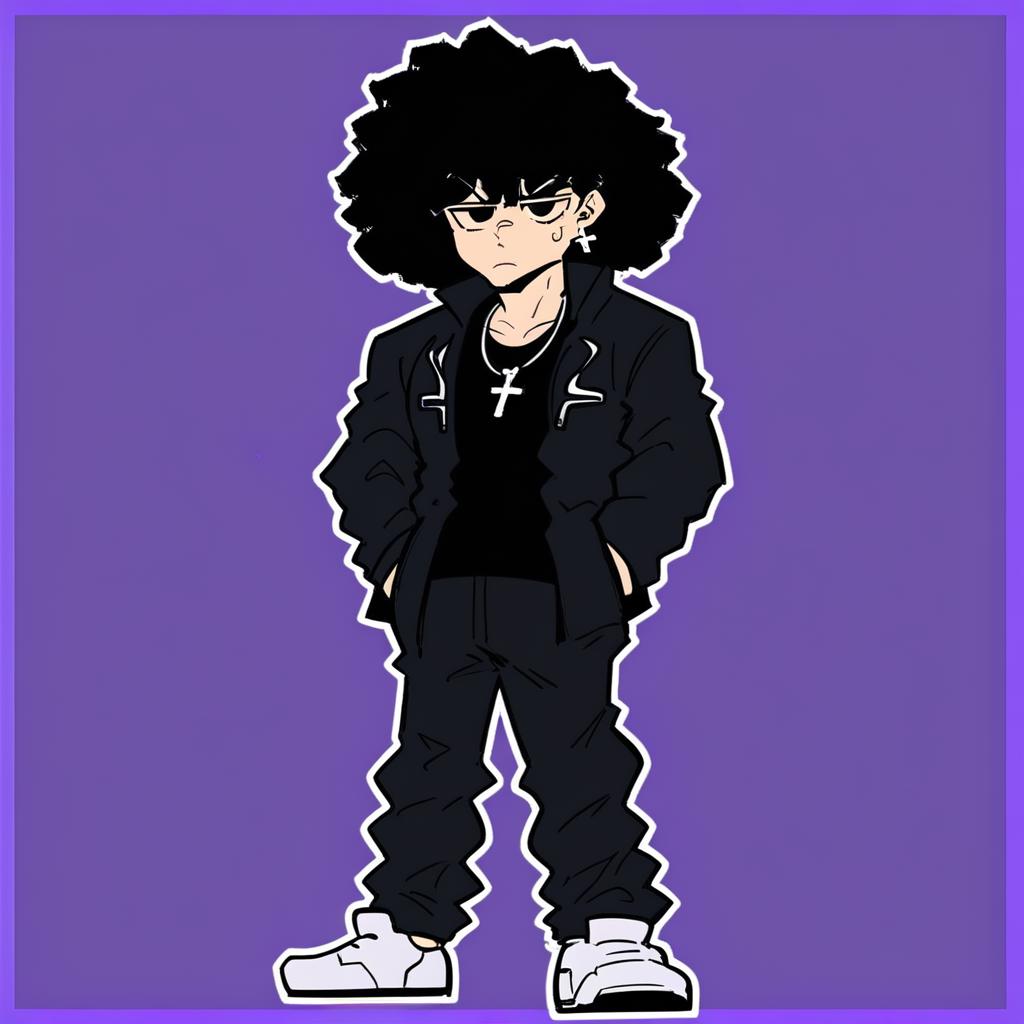 solo, 1boy, light skinned male, black hair, afro, black shirt, black jacket, black sweatpants, white shoes, cross, necklace, earrings, cross necklace, jewerly, black eyes, hands in pockets, from the front, standing, full body, bored expression, purple background, black outline