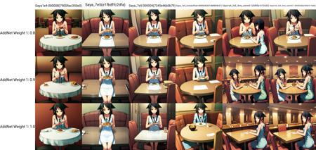 solo, Saya, black hair, green eyes, hair flaps, sundress, white dress, black ribbon, (pov across table:1.1), restaurant, tables, chairs, food