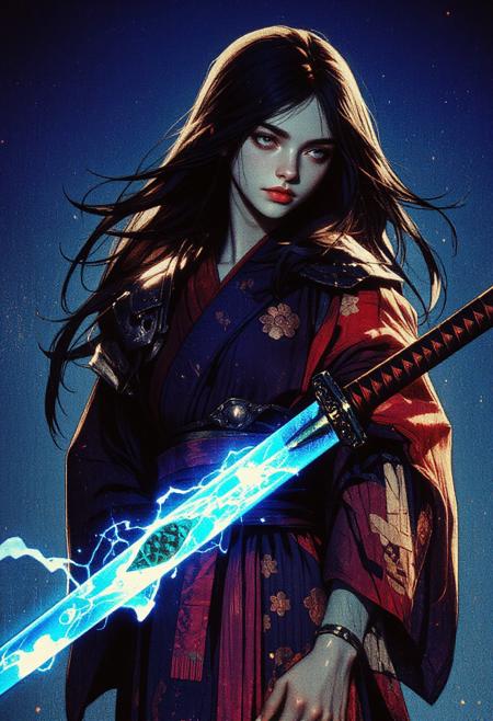 Shinobi girl wearing a kimono with shoulder armor, she's holding a katana glowing with blue energy, her long hair is flowing in the wind, she stands outside in nighttime training for her next battle. (maximum ultra high definition image quality and rendering:3), maximum image detail, maximum realistic render, (((ultra realist style))), realist side lighting, , 8K high definition, realist soft lighting, <lora:FluxMythG0thicL1nes:0.6> <lora:FluxMythR3alisticF:0.5> <lora:RetroAnimeFluxV1:0.6> <lora:OB半写实肖像画V2.0:0.6>