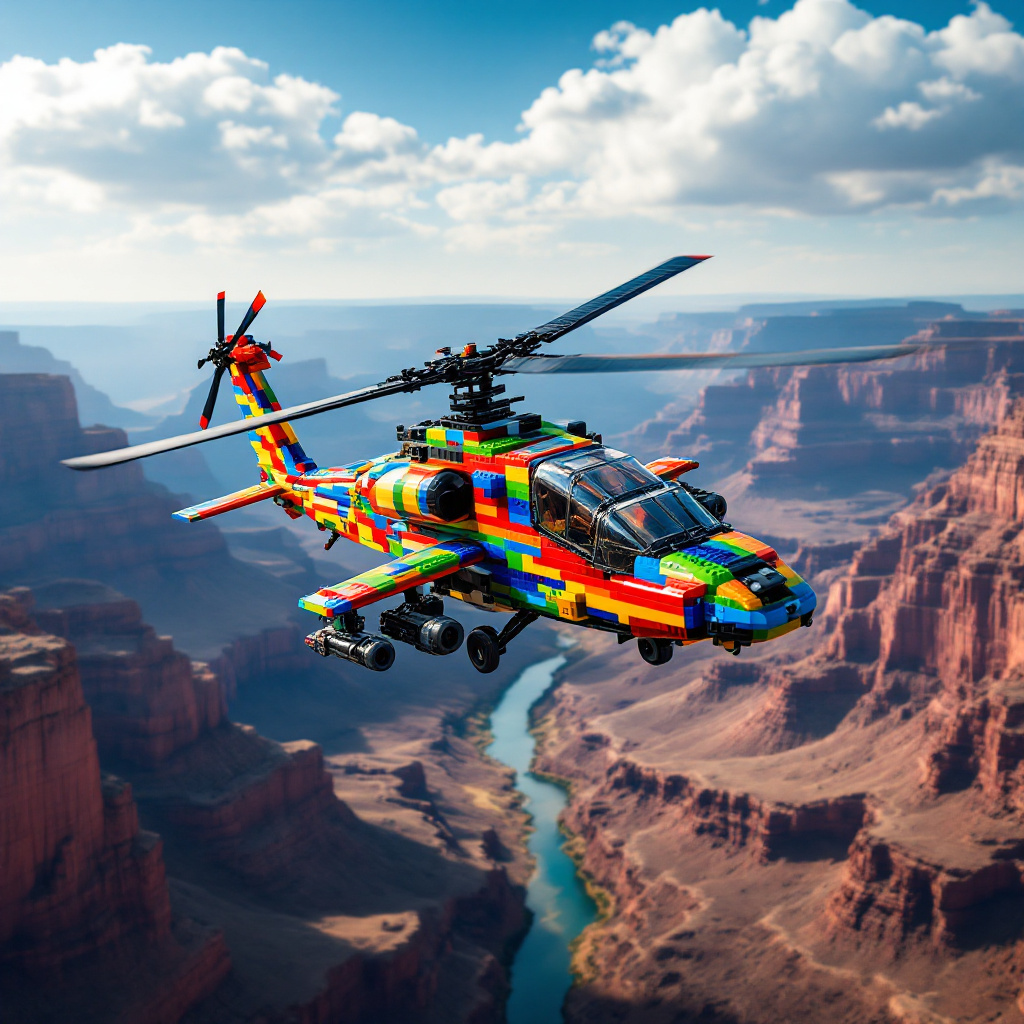 a Hughes AH-64 Apache gunship is rendered in multicoloured lego bricks, flying above a photorealistic backdrop of the Grand Canyon