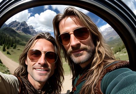 (best quality)+, (Intricate detail)+, aragorn and legolas taking a selfie, smiling, fisheye lens, yolo, mirrored shades