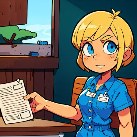 woman, blue blouse with pocket, buttons, id card badge, short blonde hair, blue eyes, sitting, holding red apple, wooden desk, hand on papers, cup with red pen on desk, chair, from front, blush, blue wall, wooden panels, window, cityscape, tree <lora:woman_with_apple_01-000008:0.8>