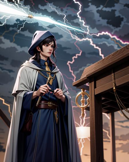 ((masterpiece), best quality, high quality, professional quality, highly detailed, highres, perfect lighting, natural lighting), young wizard, wearing wizard robes, casting a lightning spell, from horseback