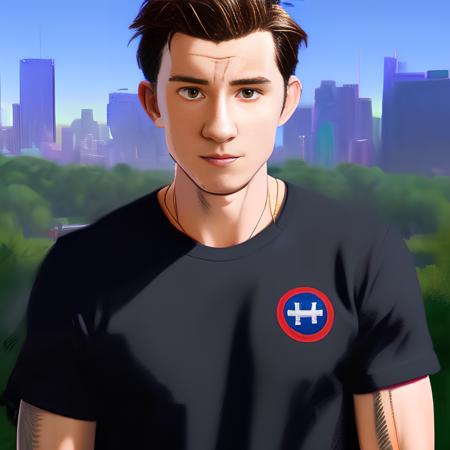 (smitsv ) (realistic) style of  tom holland wearing a t-shirt in the middle of the city , (portrait) (close-up shot)