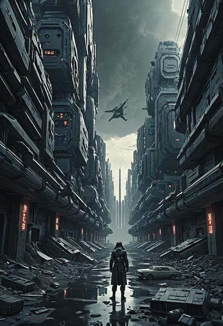Dystopian style <lora:Beeple_retrofuturism-000005:1>,Beeple style,retrofuturism, . Bleak, post-apocalyptic, somber, dramatic, highly detailed