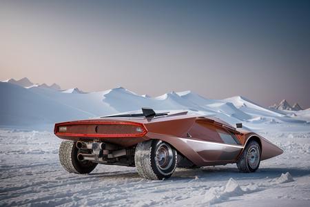 analog gloomy photo of a red Lancia Stratos Zero car, <lora:l4nc145tr4t05z3r0:1>, racing down an alien icey landscape, futuristic, snow and ice, race track, alien ice pyramids can be seen in the distance, sky is black, galaxy is visible, High Detail, Sharp focus, ((photorealism)), realistic, best quality, 8k, award winning, dramatic lighting, epic, cinematic, masterpiece, outer space lighting, wide field of view, depth of field, rooster tailing, space station,