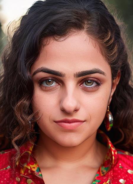 closeup portrait of skswoman, happy, background wrestling ring epic (photo, studio lighting, hard light, sony a7, 50 mm, matte skin, pores, colors, hyperdetailed, hyperrealistic), <lyco:Nithya Menon:1.1>