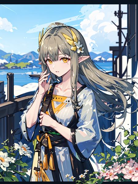 masterpiece, best quality, 
1girl, landscape, panorama, overlook,(distant view),blurry foreground,wind,
Mumu, long hair, brown hair AND green hair, pointy ears, yellow eyes, hair ornament, mole under eye, small breasts, collarbone, bangs, 
pinstripe dress,
cropped torso upper body, arm grab,
Spring Festival, letterboxed, in winter, gerbera, cave,
 <lora:Muelsyse_v1.1-000006:1:CHARACTER> <lora:animeScreenshotLikeStyleMixLora_v10:0.7:BACKGROUND>