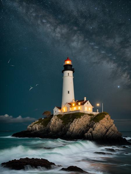 astrophotography, multi-tiered lighthouse, rocky island, network of walkways, turbulent sea, white foam, seagulls, night