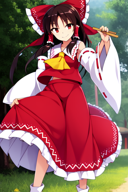 masterpiece, best quality, 1girl, alphes, hakurei reimu, standing, outdoors, smile  <lora:alphes:1>